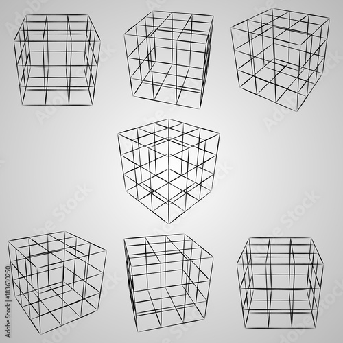 Wireframe 3D cube at different angles. Vector cube sketch on gray background