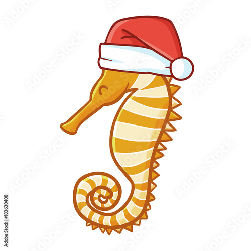 Cute and funny orange seahorse wearing Santa's hat for Christmas and smiling - vector.