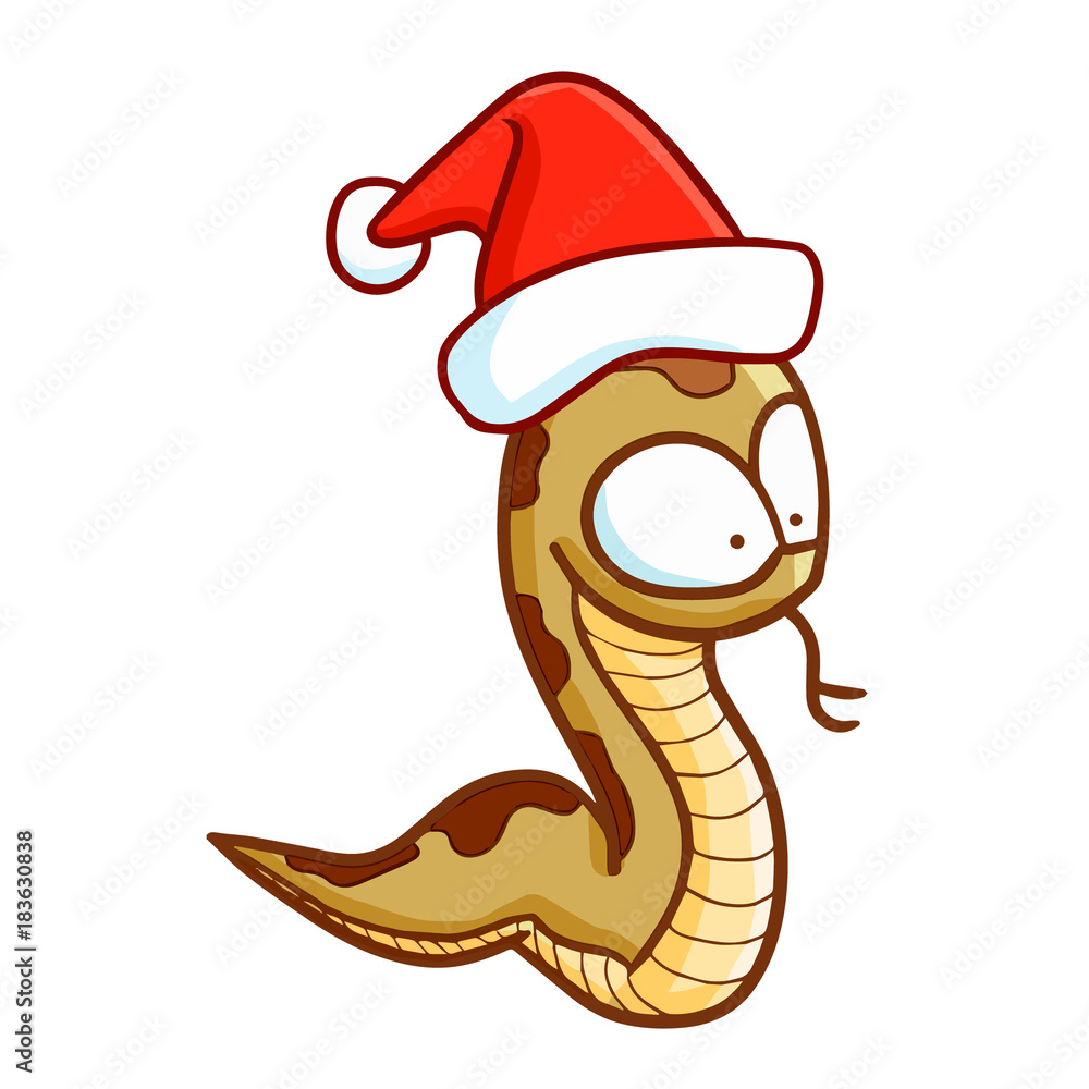 Fototapeta premium Cute and funny snake wearing Santa's hat and smiling - vector.