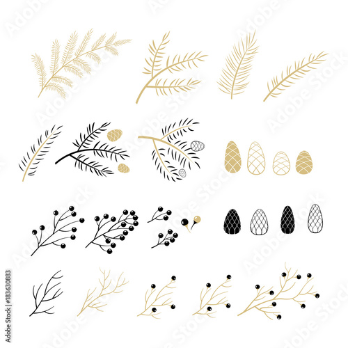 Set of Christmas elements for typographic design. Leaves, branches, berries in black and gold colour scheme. Vector illustration in modern style.