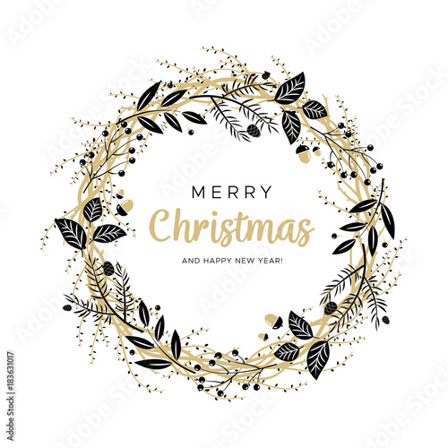 Christmas wreath with black and gold branches and pine cones. Unique design for your greeting cards, banners, flyers. Vector illustration in modern style.