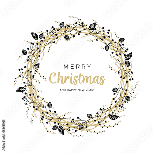 Christmas wreath with black and gold branches. Unique design for your greeting cards  banners  flyers. Vector illustration in modern style.