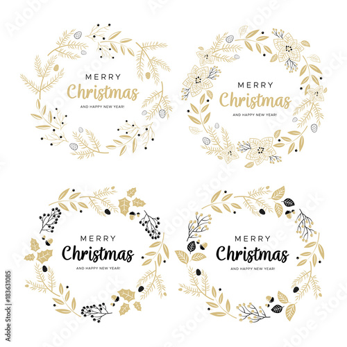 Set of Christmas wreaths with black and gold branches and pine cones. Unique design for your greeting cards, banners, flyers. Vector illustration in modern style.