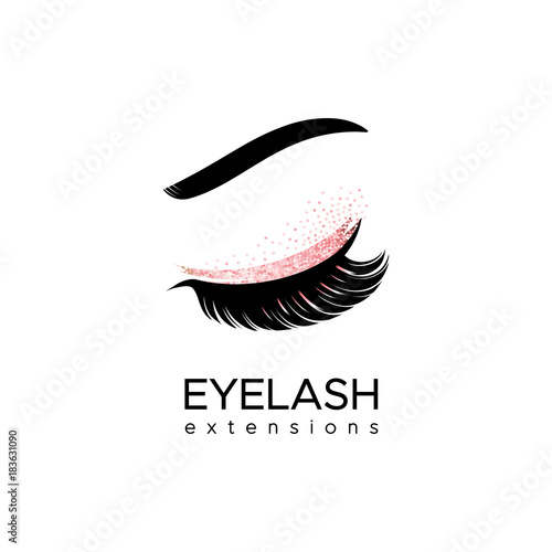 Eyelash extension logo. Makeup with pink glitter. Vector illustration in a modern style
