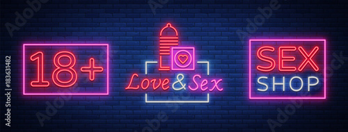 Sex shop set of logos in neon style. Collection of emblems. Neon effect, grocery store, intimate items. Vector illustration. Bright night banner, luminous sign, night sex advertising shop