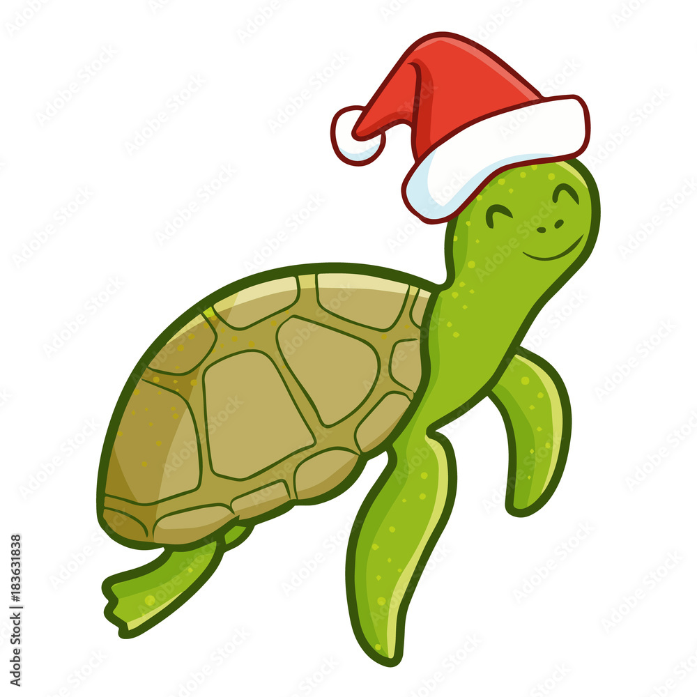 Fototapeta premium Cute and funny adult turtle wearing Santa's hat for Christmas swimming and smiling - vector.