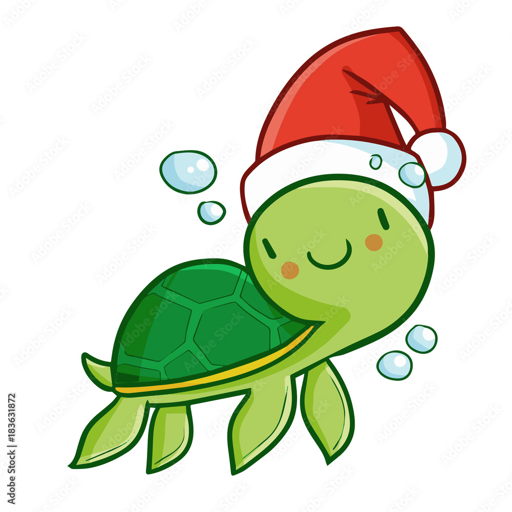 Obraz premium Cute and funny green baby turtle wearing Santa's hat for Christmas swimming and smiling - vector.