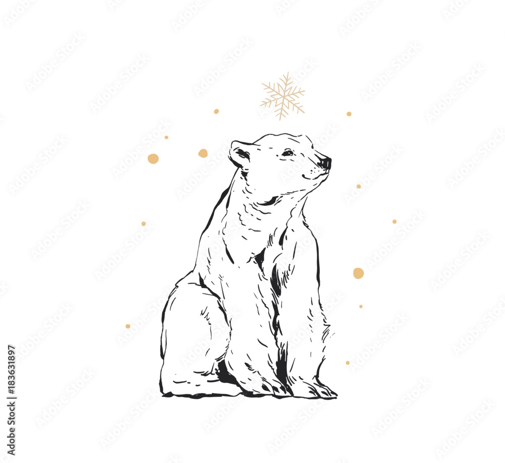 Plakat Wręcza patroszonej wektorowej abstrakcjonistycznej zabawy kreskówki Wesoło bożych narodzeń atramentu projekta wytartego ilustracyjnego ilustracyjnego element z niedźwiadkiem polarnym odizolowywającym na białym tle