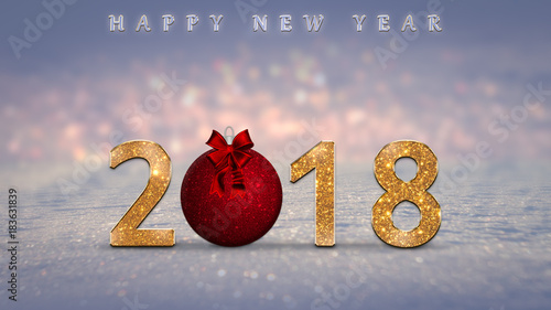 2018 Happy New Year card with golden, sparkle numbers, red Christmas ball on snow with colorful bokeh lights in the background. New Year's eve illustration with glitter text