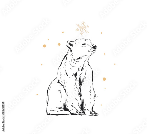 Plakat Wręcza patroszonej wektorowej abstrakcjonistycznej zabawy kreskówki Wesoło bożych narodzeń atramentu projekta wytartego ilustracyjnego ilustracyjnego element z niedźwiadkiem polarnym odizolowywającym na białym tle