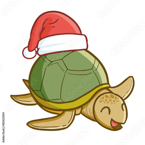Cute and funny old turtle wearing Santa's hat for Christmas and smiling - vector.