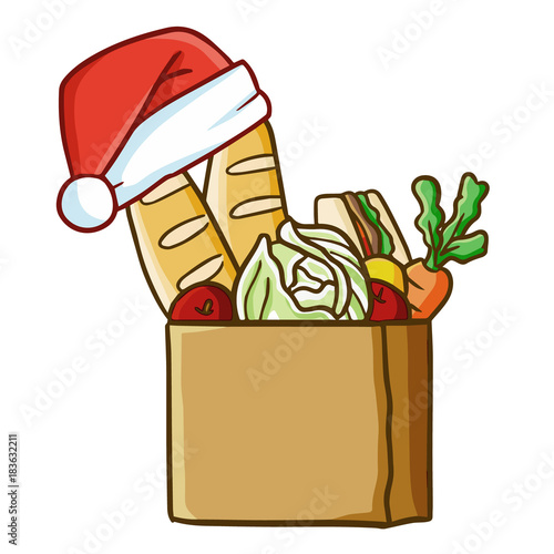 Cute and funny bread & vegetables wearing Santa's hat - vector
