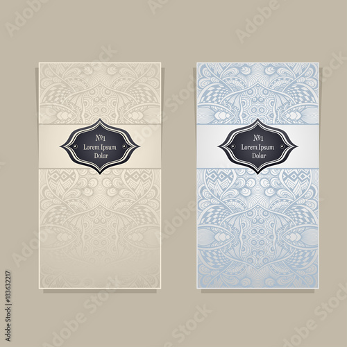 Set Template with abstract Zentangle Zendoodle seamless pattern   in pearl beige and light blue colors for decoration tea coffee perfume cosmetic clothes and other things