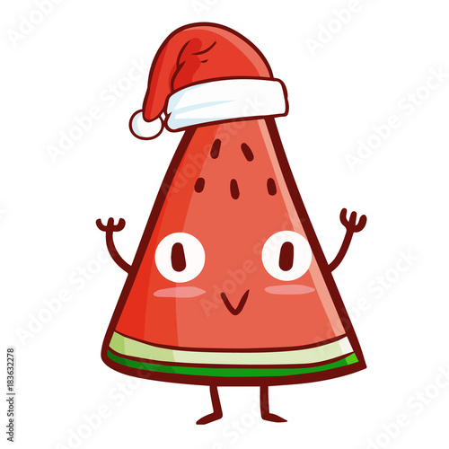 Funny and cute standing watermelon wearing Santa's hat for Christmas and smiling - vector.