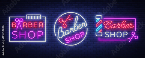 Vector collection logos neon sign barber shop for your design. For a label, a sign, a sign or an advertisement. Hipster Man, Hairdresser Logo. Neon billboard, brightsign, luminous banner
