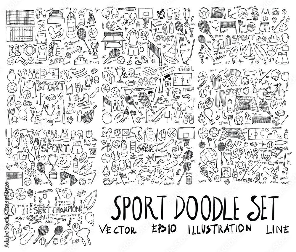 Big Set of Sport illustration Hand drawn doodle Sketch line vector eps10