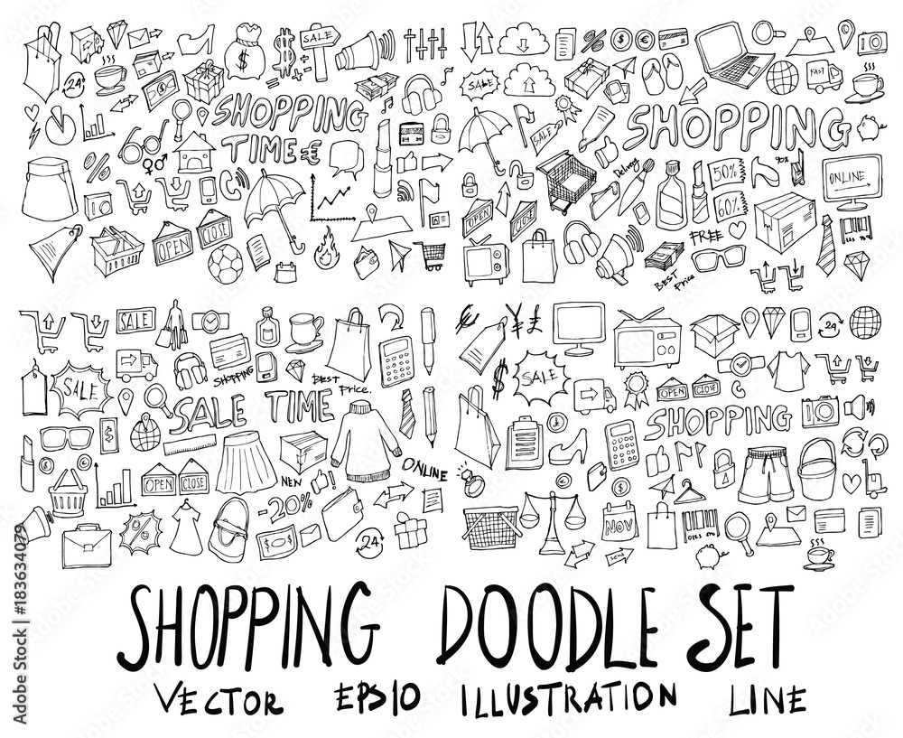 Fototapeta Big Set of shopping illustration Hand drawn doodle Sketch line vector eps10