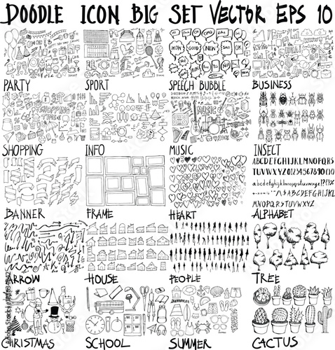 MEGA set of doodles vector. Super collection of party, sport, bubble, business, shopping, info, music, insect, banner, frame, heart, font, arrow, house, people, tree, christmas, school, summer, cactus