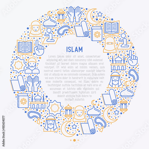 Islamic concept in circle with thin line icons: mosque, carpet, rosary, prayer, koran, moslem. Modern vector illustration, template for web page.