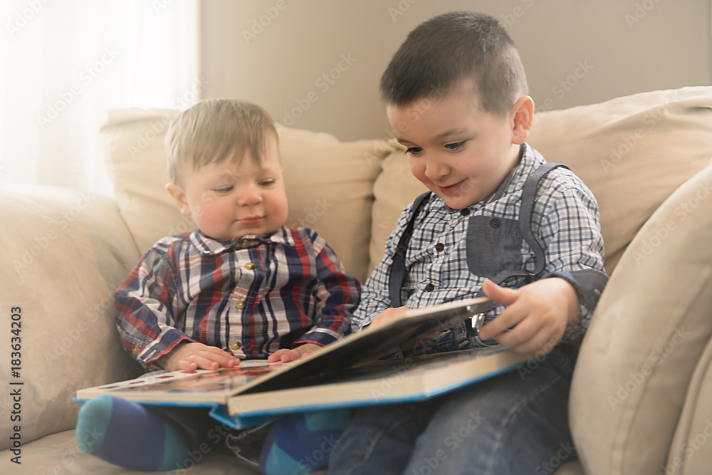 two brothers sitting embracing on the couch read a book two brothers sitting embracing on the couch read a book