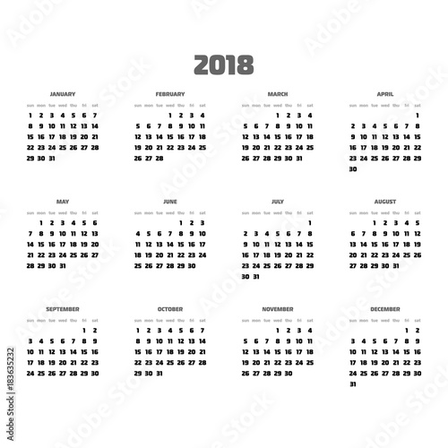 Vector calendar - Year 2018. Week starts from Sunday. Simple flat vector illustration with black headers.
