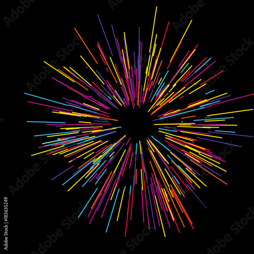 Colorful fireworks Radiating from the center of thin beams, lines. Vector illustration. Dynamic style.