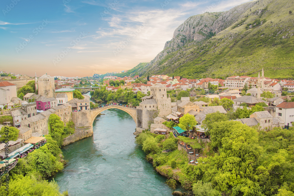 Beautiful view of the medieval town of Mostar from the Old Bridge in Bosnia and Herzegovina