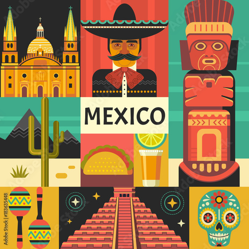 Mexico travel poster concept. Vector illustration of Mexican culture and food, including maracas, Sugar skull, Mayan pyramid, mariachi portrait and taco in trendy flat style. Isolated on background.
