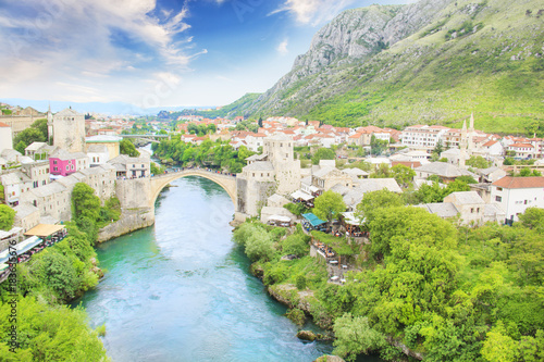 Beautiful view of the medieval town of Mostar from the Old Bridge in Bosnia and Herzegovina © marinadatsenko