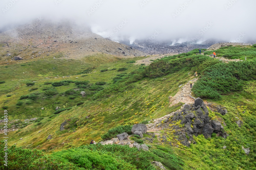 Hiking trail toward Asahidake in Daisetsuzan National Park Hokkaido, Japan.