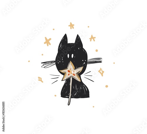 Hand drawn vector abstract fun Merry Christmas time cartoon doodle rustic festive illustration icon with cute holiday black cat and star isolated on white background