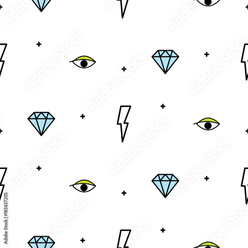 Doodle hipster lightning, eye and diamond seamless vector pattern. Simple outline style flash power background.