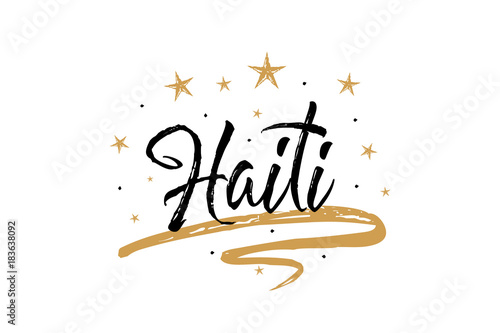 Haiti. Name country word text card, banner script. Beautiful typography inscription greeting calligraphy poster black, gold ribbon, star. Handwritten design modern brush lettering isolated vector