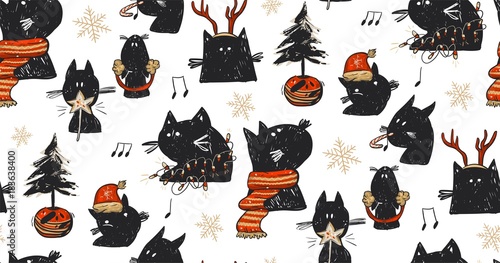 Hand drawn vector abstract fun Merry Christmas time cartoon rustic festive seamless pattern with cute illustrations of holiday black cats and xmas tree isolated on white background