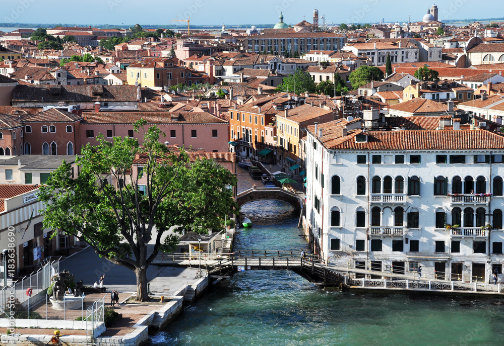Fototapeta panoramic view of Venice from the height of the cruise ship to Piazza San Marco and the Ducale, or Doge's Palace. on the Grand canal many boats, river transport, in the background of ancient architect