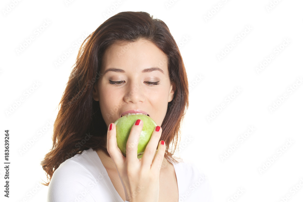 beautiful woman with green apple in her hand beautiful woman with green apple in her hand