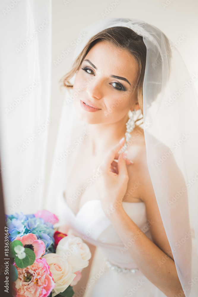 Luxury bride in white dress posing while preparing for the wedding ceremony Luxury bride in white dress posing while preparing for the wedding ceremony