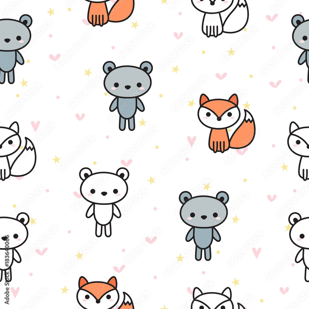 Cute seamless pattern with bears and foxes for kids. Hand drawn animals Cute seamless pattern with bears and foxes for kids. Hand drawn animals