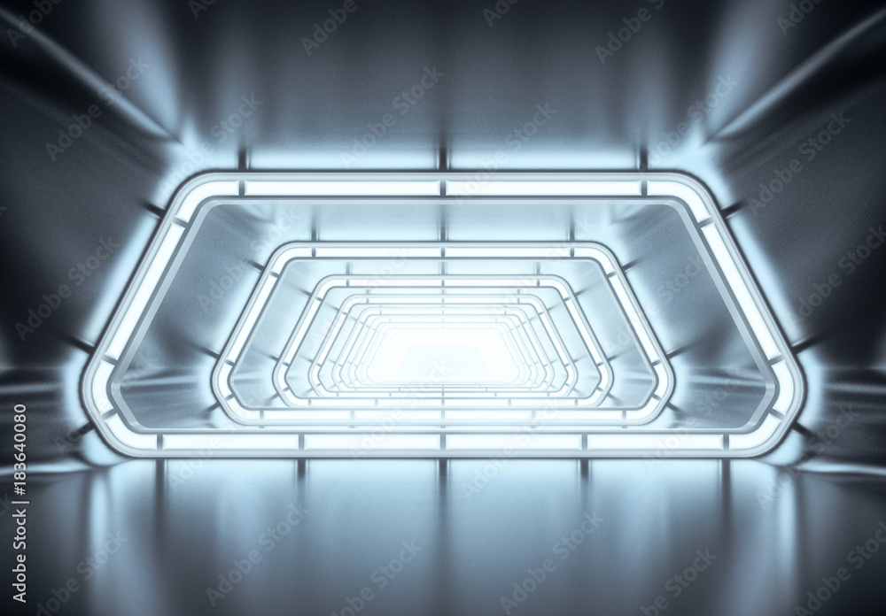 Futuristic tunnel with light interior hallway view. Spaceship corridor. Future background, business, sci-fi or science concept 3d illustration