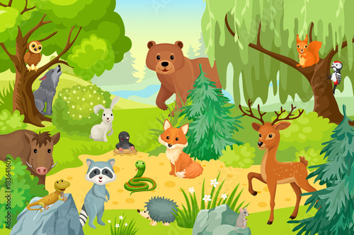 Group of wild animals on the fringe of the forest. Vector illustration in a cartoon style.