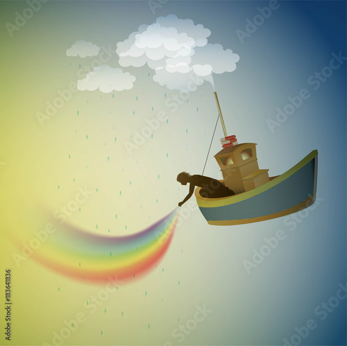 rainbow keeper, pu the rainbow on the sky, magic ship in the dreamland, scene from wonderland,
