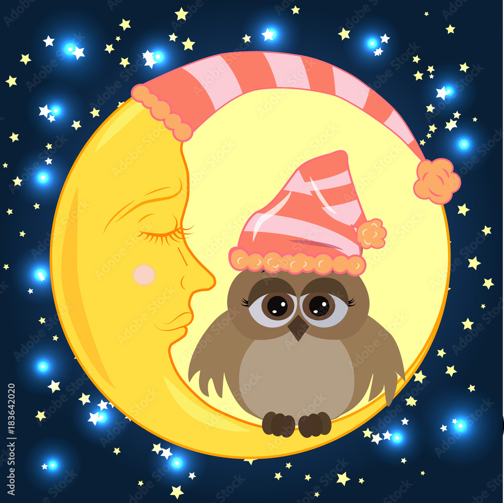 Fototapeta premium A sweet cartoon owl with sad eyes on a sleeping cap sits on a drowsy crescent moon against the background of a night sky with stars