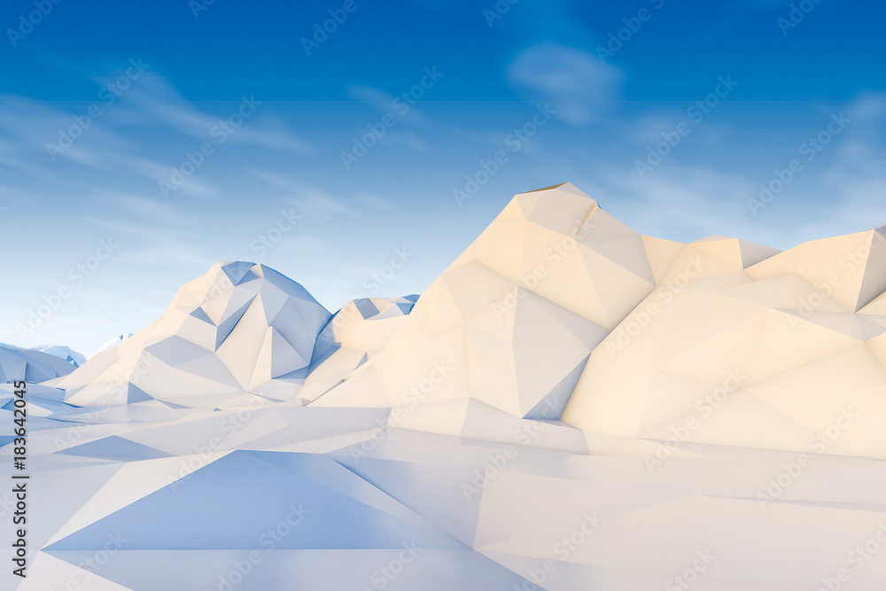 Abstract low polygon landscape with sky. polygonal background concept. 3D rendering.