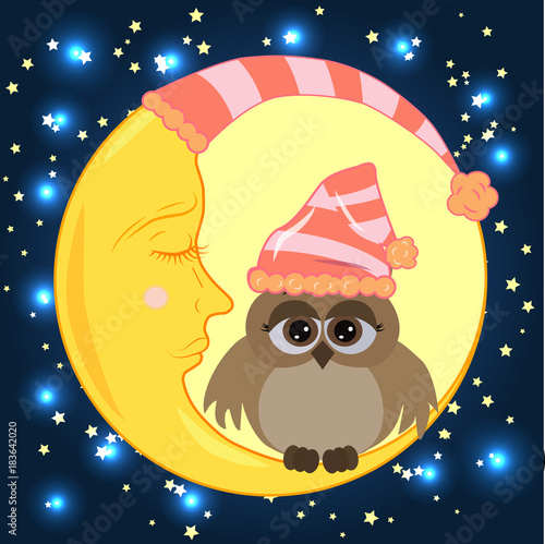 A sweet cartoon owl with sad eyes on a sleeping cap sits on a drowsy crescent moon against the background of a night sky with stars