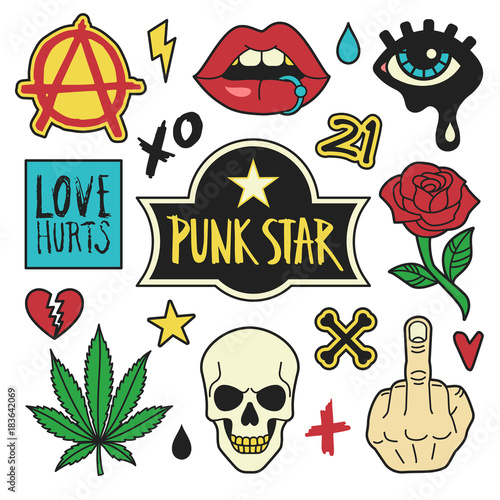 Punk patches fashion collection. Vector illustration of color punk symbols and icons, such as skull, pierced lips, cannabis, rose, fuck gesture and anarchy sign. Isolated on white.