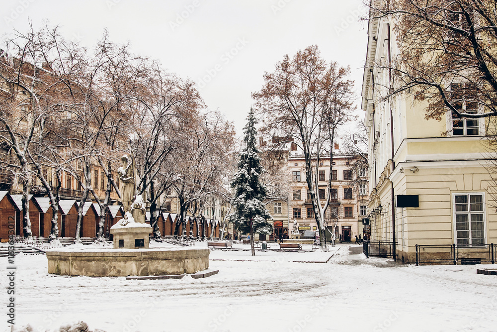 beautiful city center covered in snow. snowy town square in Lviv. european city before christmas holidays
