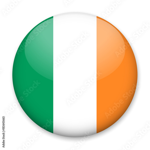 Flag of Ireland in the form of a round button with a light glare and a shadow. The symbol of Independence Day, a souvenir, a button for switching the language on the site, an icon.