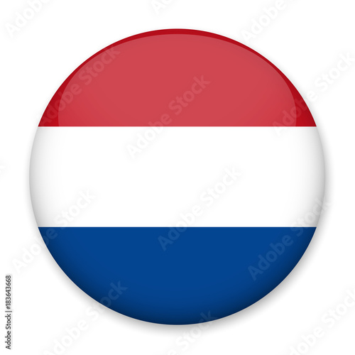 Flag of Netherlands in the form of a round button with a light glare and a shadow. The symbol of Independence Day, a souvenir, a button for switching the language on the site, an icon.