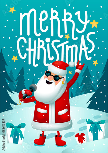 Rock Santa. Singing Santa Claus - rock star with microphone on dark background. Christmas hipster poster for party with Heavy Christmass text. Xmas greeting card.