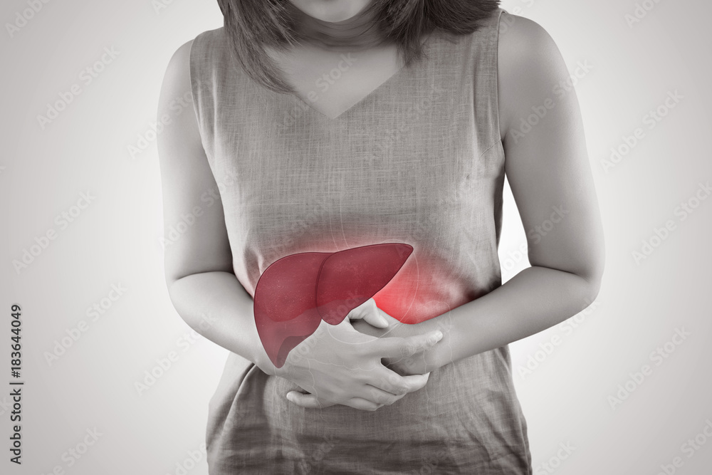 The Photo Of Liver On Woman's Body Against Gray Background, Hepatitis, Concept with Healthcare And Medicine - obrazy, fototapety, plakaty 